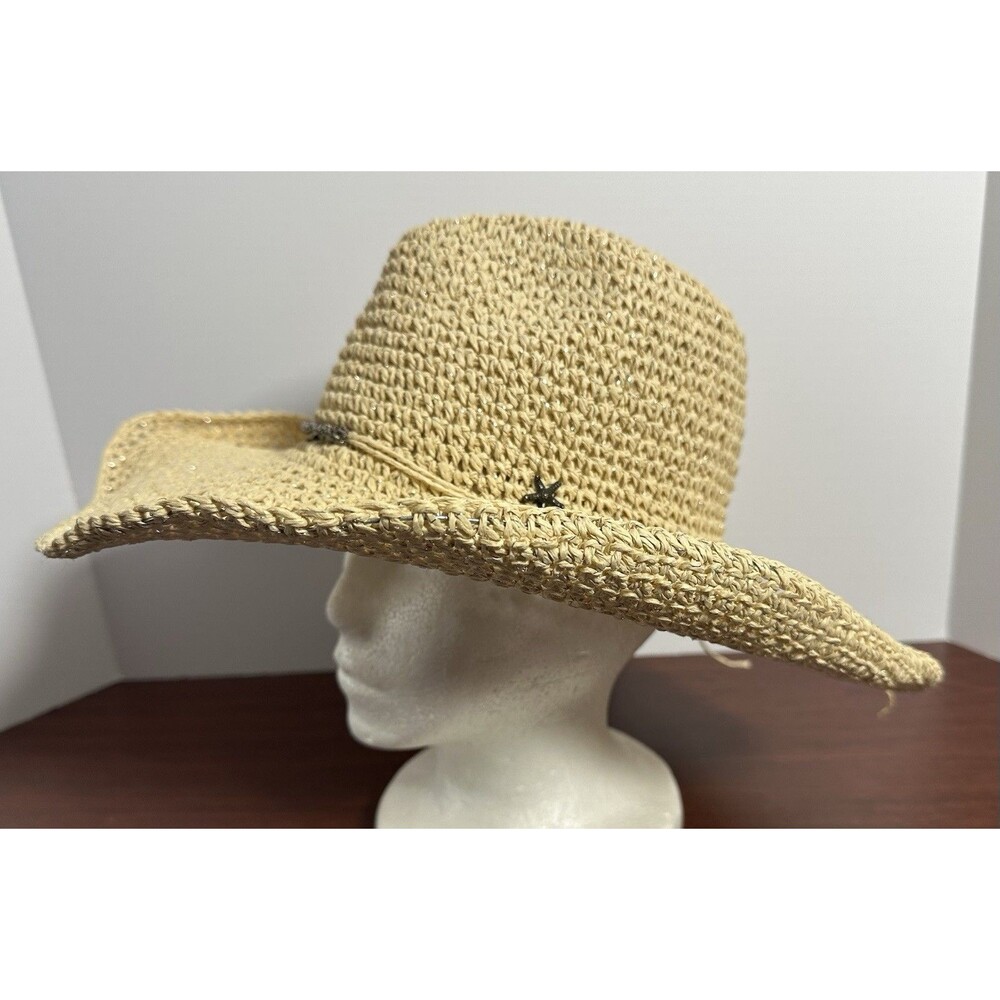 Beach by Florabella Crochet Paper Straw Cowboy Hat Tan Western Sun Hat OS